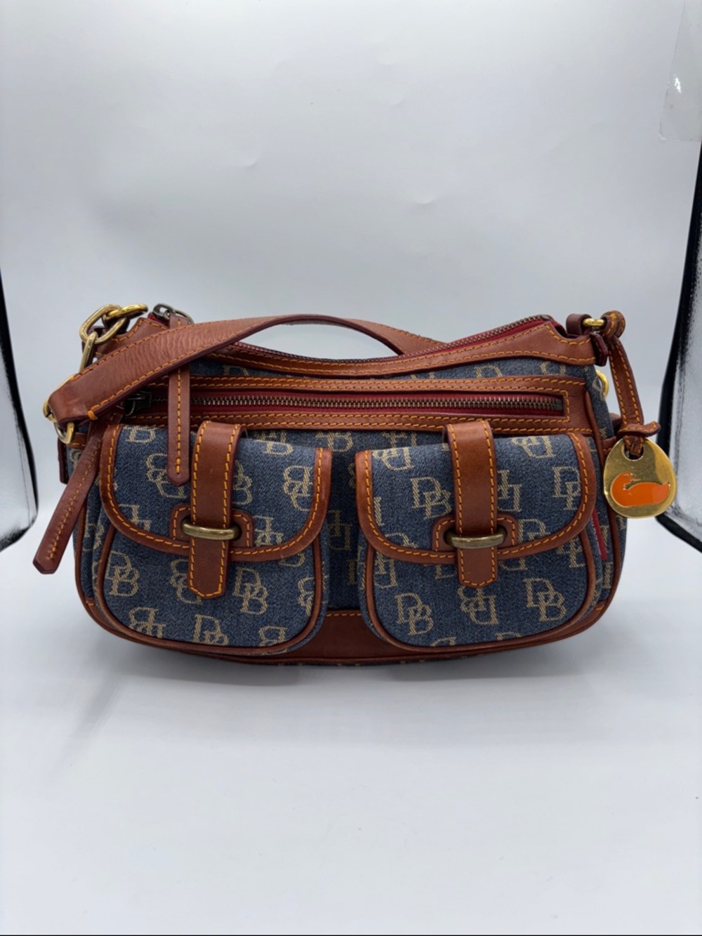 Vintage Dooney & Bourke Blue Logo Denim Banana Bag Brown Leather Trim